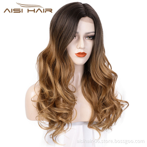 Ombre Brown Curly Wave Hot Selling Wholesale Cheap Vedor Swiss Lace Synthetic Hair For Black Women Lace Front Wig
